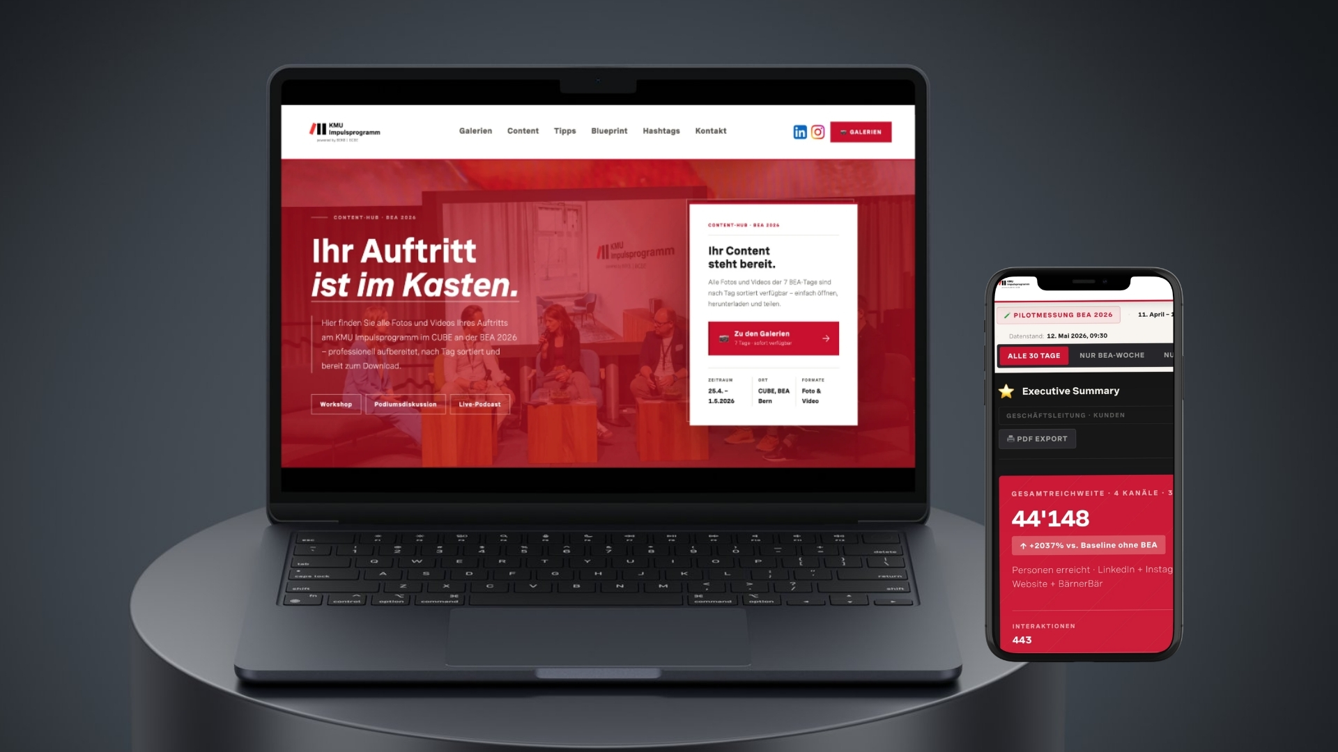 Mockup der DIY Content-Plattform des KMU Impulsprogramms auf Laptop und Smartphone