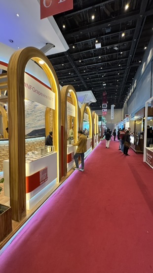 Reihe goldener Bögen mit Schweizer Landschaftsbildern entlang des Pavillon-Gangs.